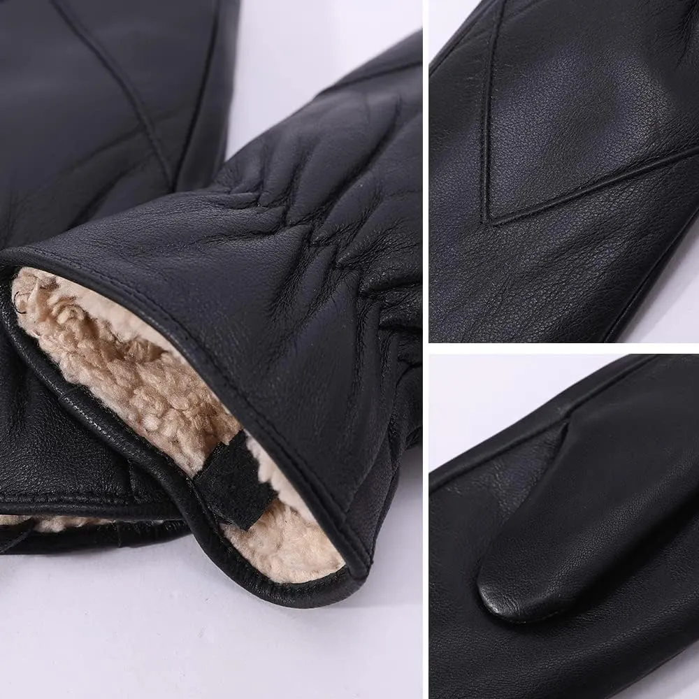 MGGMOKAY Women's Leather Mittens Warm Lambskin Mittens Winter Fleece Lined