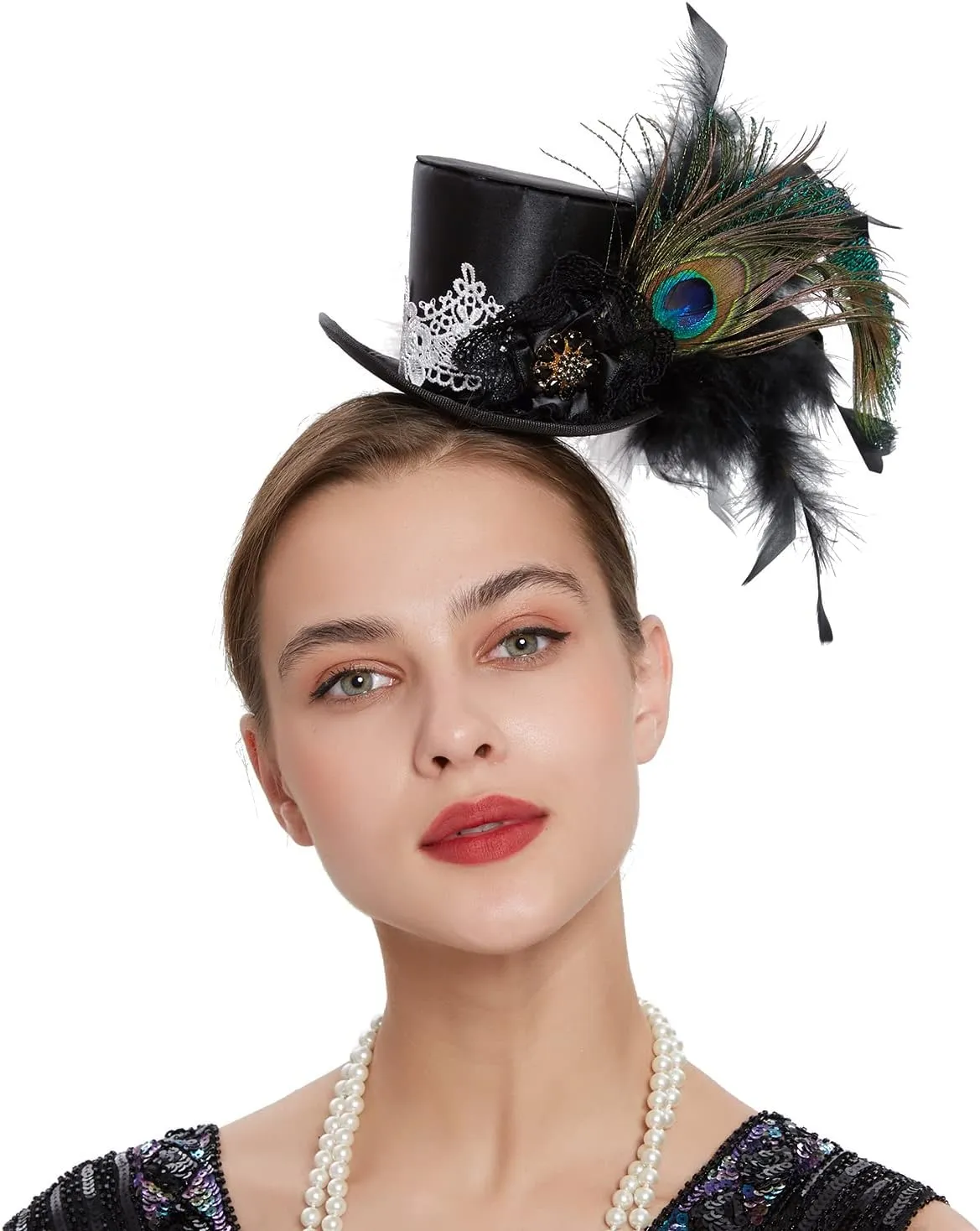 Mini Top Hat Fantasy Fascinators Hats for Women,Derby Tea Party Ostrich Feather Top Hat for Girls Party Decoration