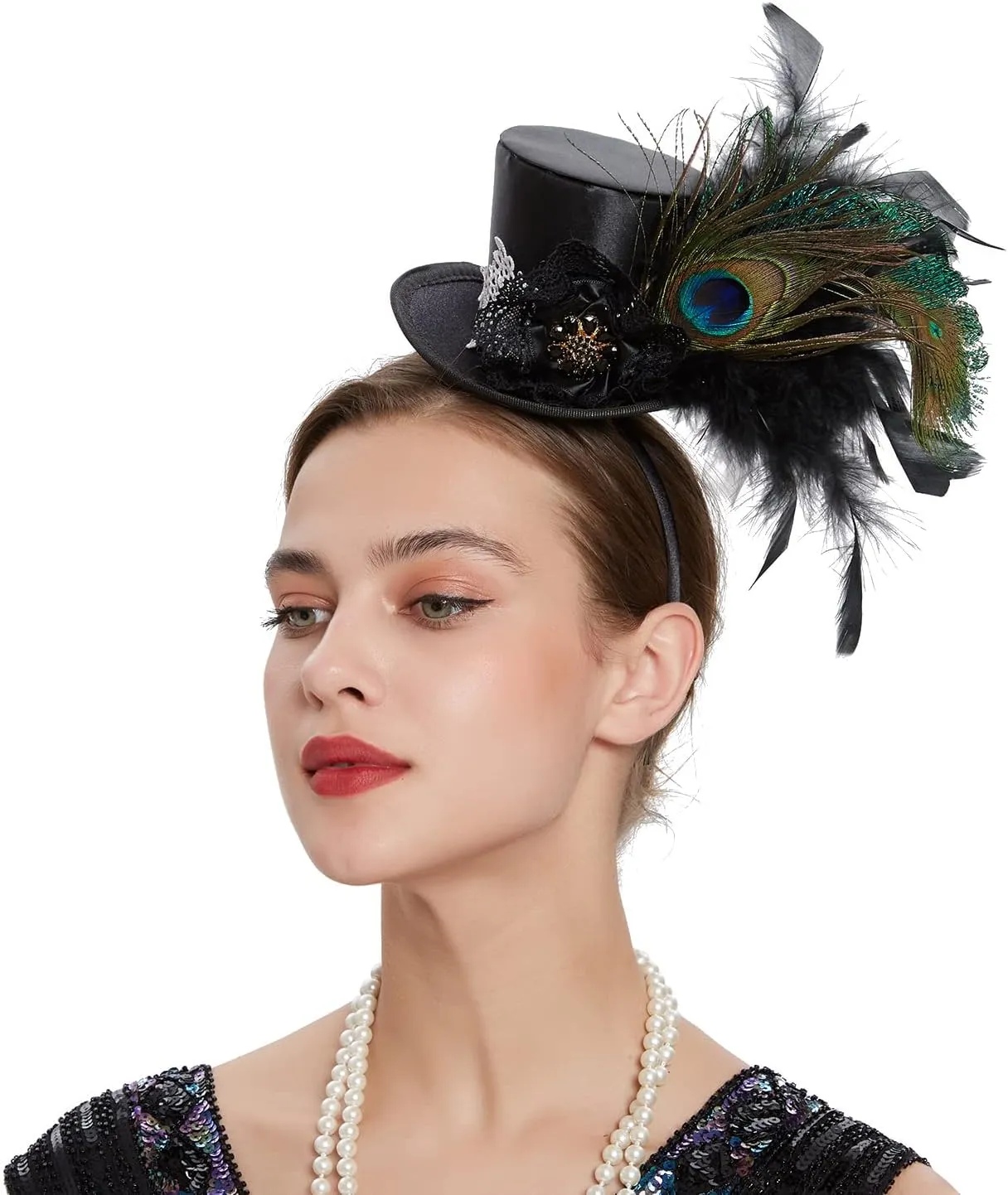 Mini Top Hat Fantasy Fascinators Hats for Women,Derby Tea Party Ostrich Feather Top Hat for Girls Party Decoration