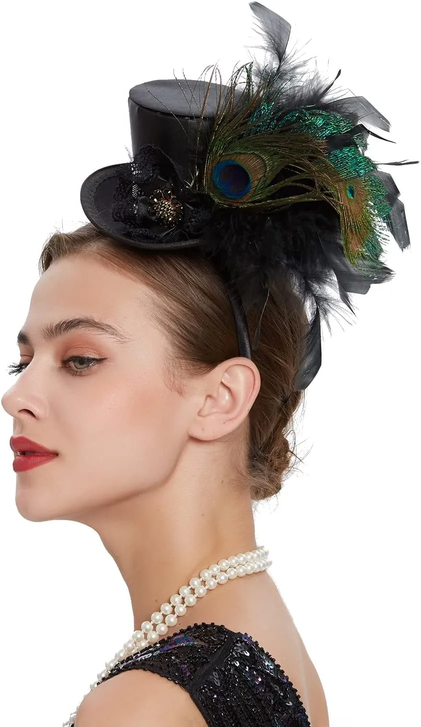 Mini Top Hat Fantasy Fascinators Hats for Women,Derby Tea Party Ostrich Feather Top Hat for Girls Party Decoration