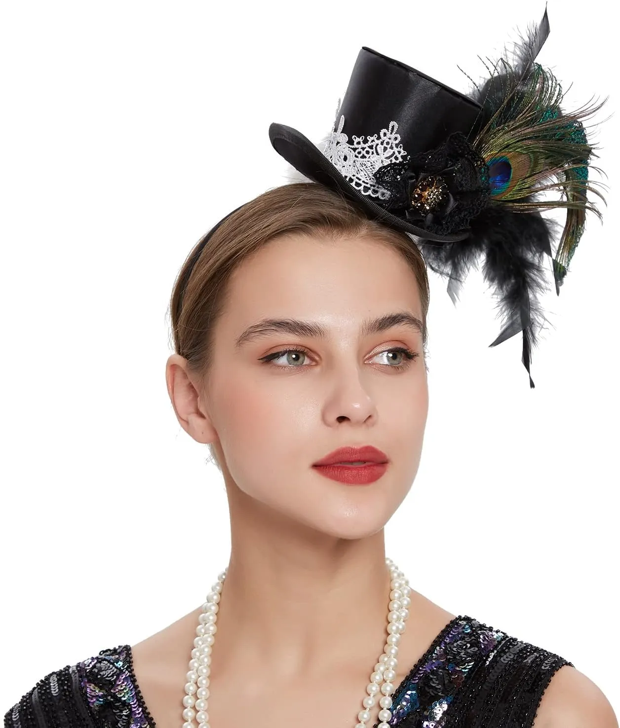 Mini Top Hat Fantasy Fascinators Hats for Women,Derby Tea Party Ostrich Feather Top Hat for Girls Party Decoration