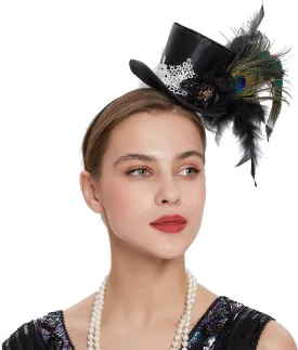 Mini Top Hat Fantasy Fascinators Hats for Women,Derby Tea Party Ostrich Feather Top Hat for Girls Party Decoration