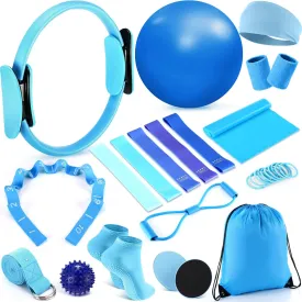 Poen 18 Pcs Pilates Ring Circle Set for Women Yoga Sets with Pilates Ring Circle Ball 5 Resistance Band Stretching Strap Non Slip Socks Ball Core Sliders Wristbands Headband Gym Bag