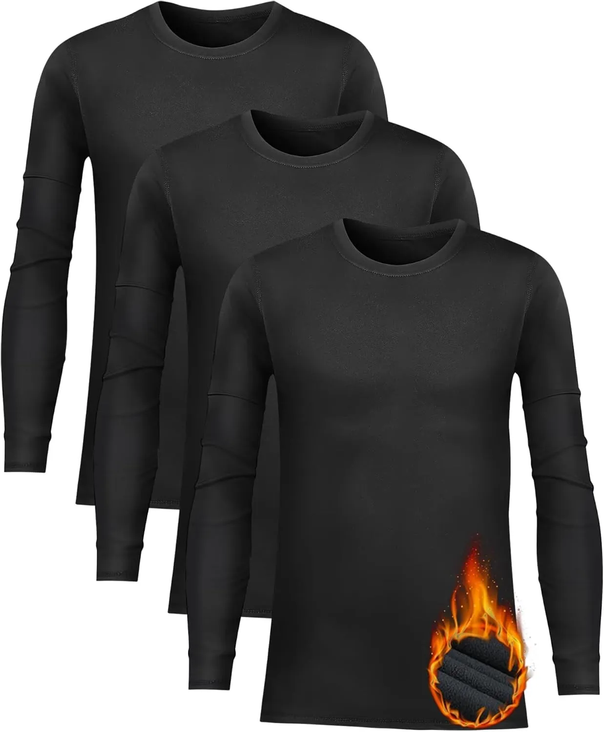 Rolimaka 3 Pack Youth Boys Compression Thermal Shirt Long Sleeve Fleece Undershirt Football Baseball Soccer Base Layer Top
