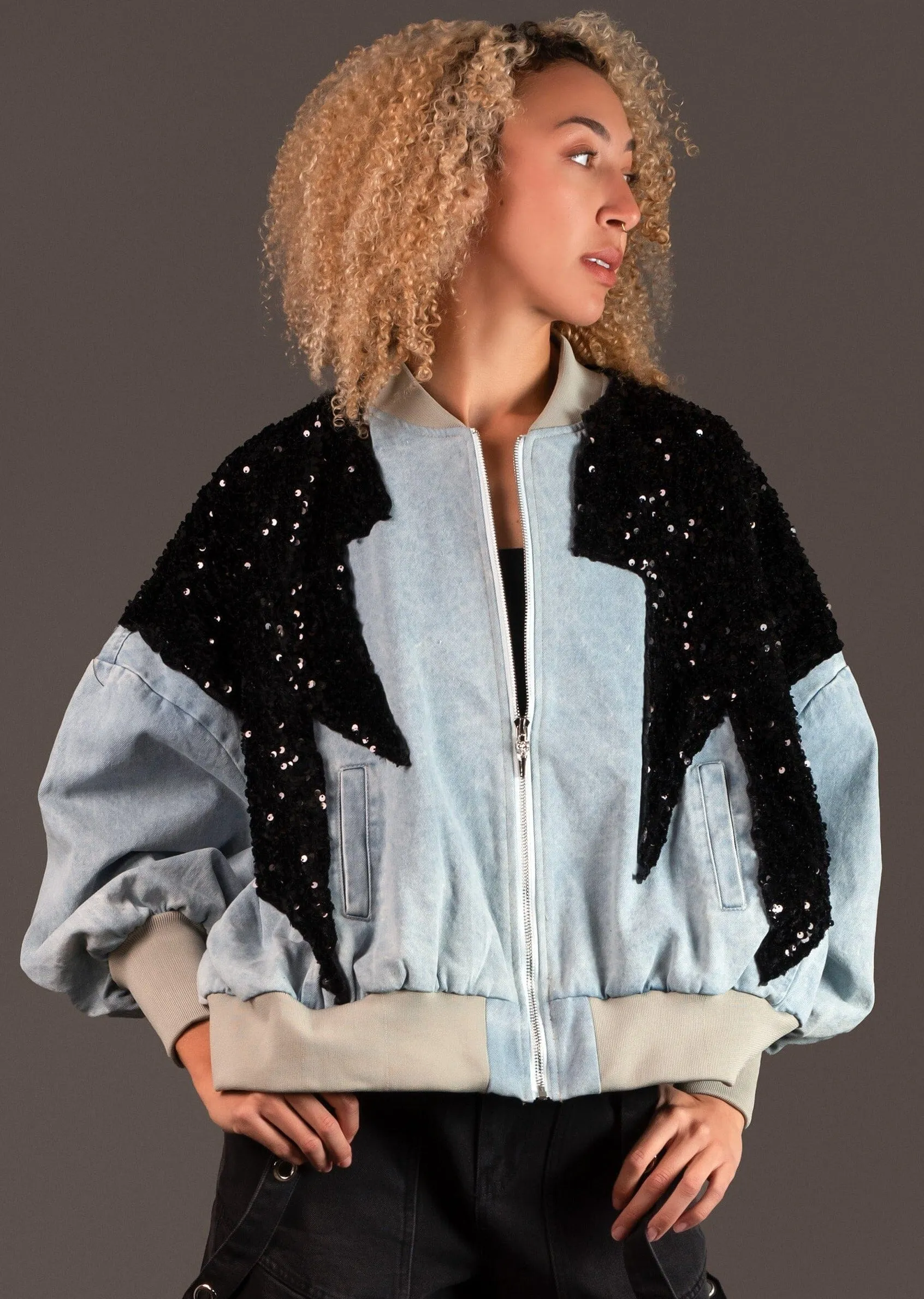 Sequin Bolt Denim Bomber