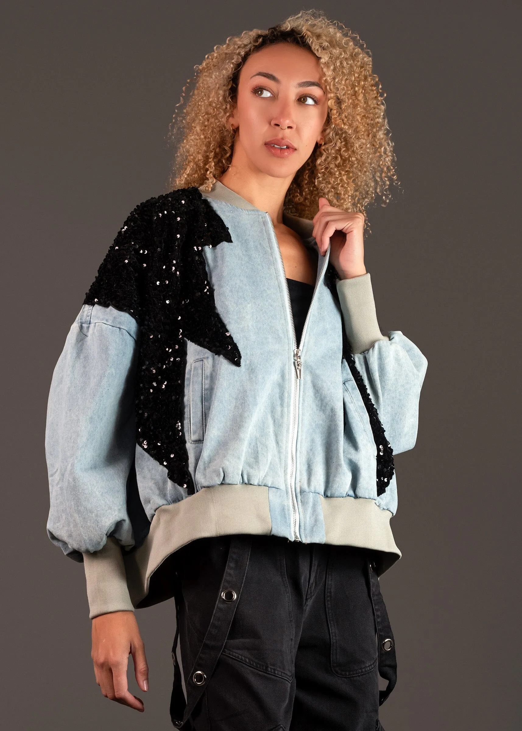 Sequin Bolt Denim Bomber