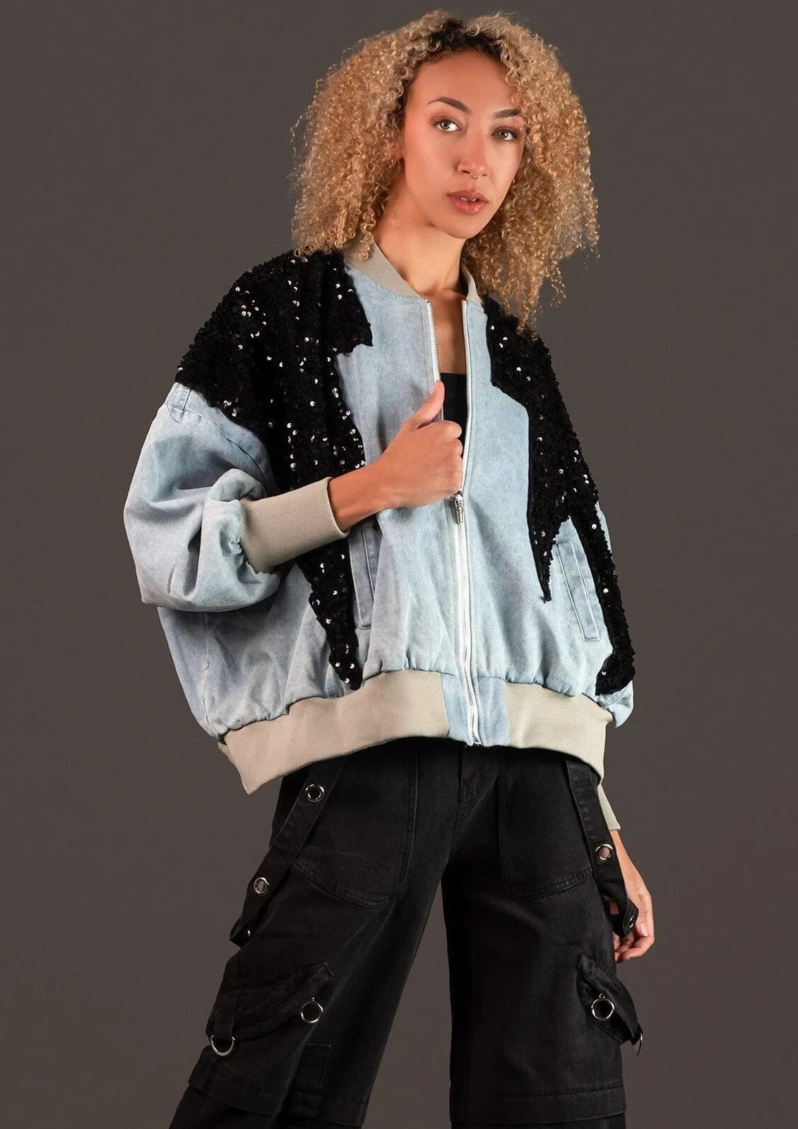 Sequin Bolt Denim Bomber