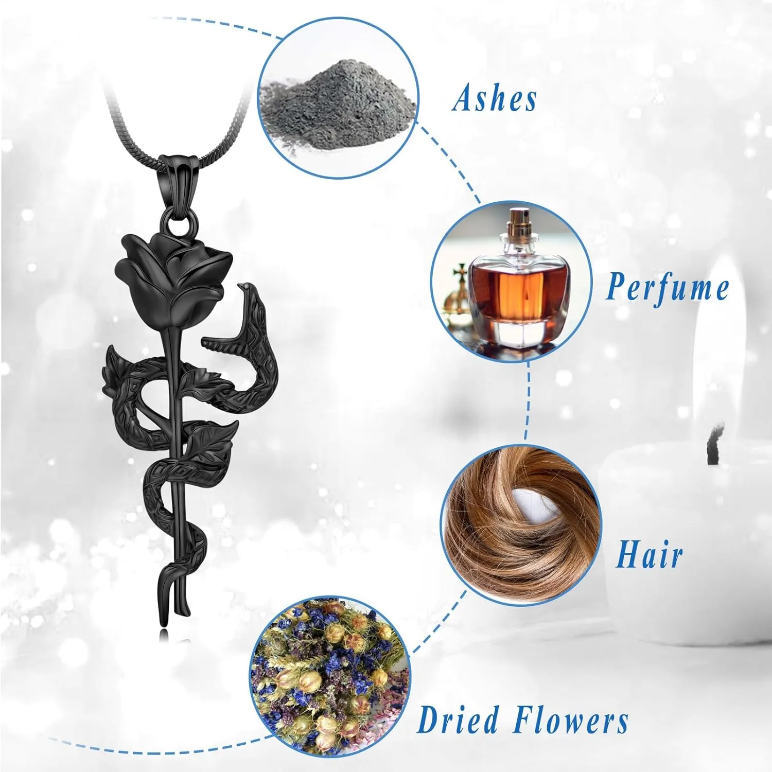 Snake Rose Urn Necklace for Ashes Roseflower Cremation Jewelry for Ashes Pendant for Women Men Memorial Keepsake Jewelry
