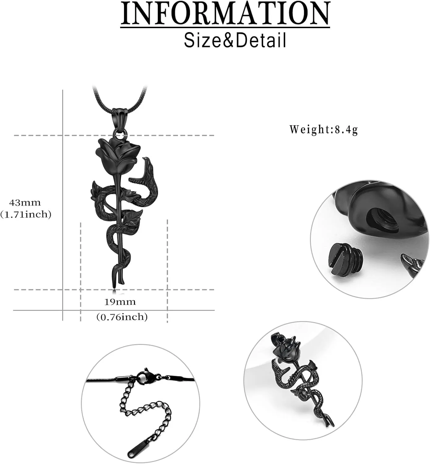 Snake Rose Urn Necklace for Ashes Roseflower Cremation Jewelry for Ashes Pendant for Women Men Memorial Keepsake Jewelry