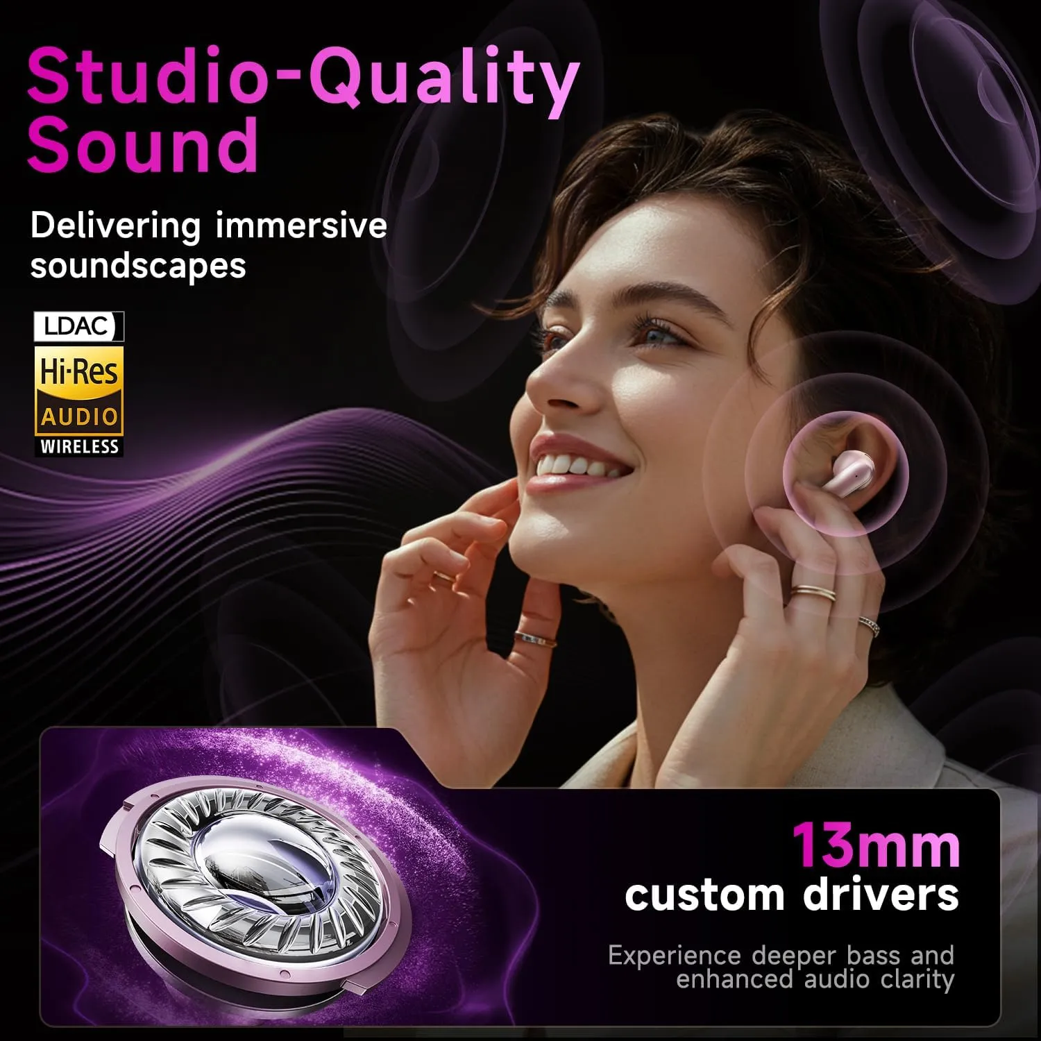Studio-Quality Wireless Ear Buds with Deep Bass & Enhanced Audio Clarity, Bluetooth 5.4, 10-Year Lifespan Earbuds, ENC Noise Cancelling Calls, Secure Fit Memory Foam Tips, IPX6 Waterproof (Pink)