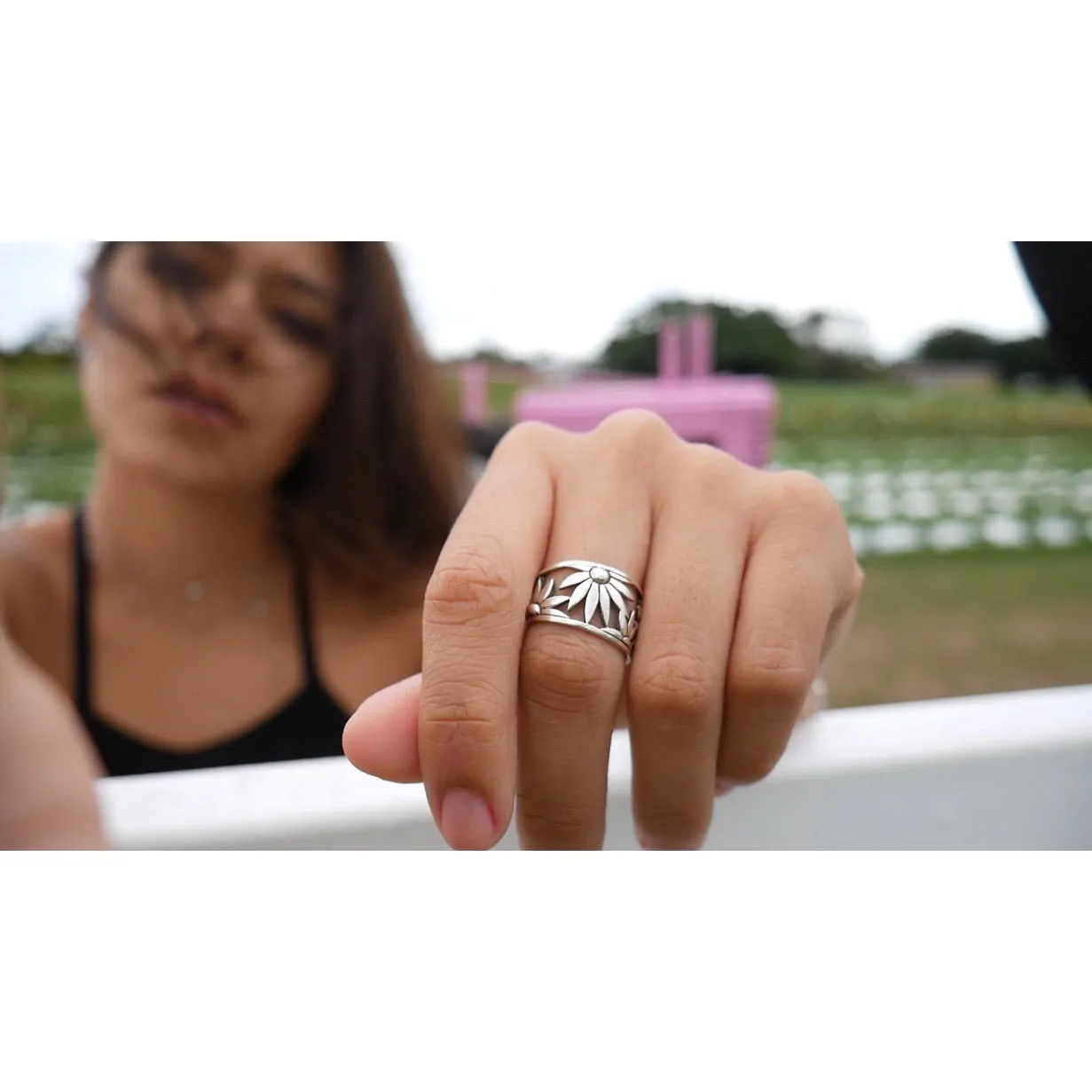 Sunflower Statement Ring, .925 Sterling Silver Waterproof Chunky Flower Outline Statement Garden Ring