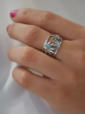 Sunflower Statement Ring, .925 Sterling Silver Waterproof Chunky Flower Outline Statement Garden Ring