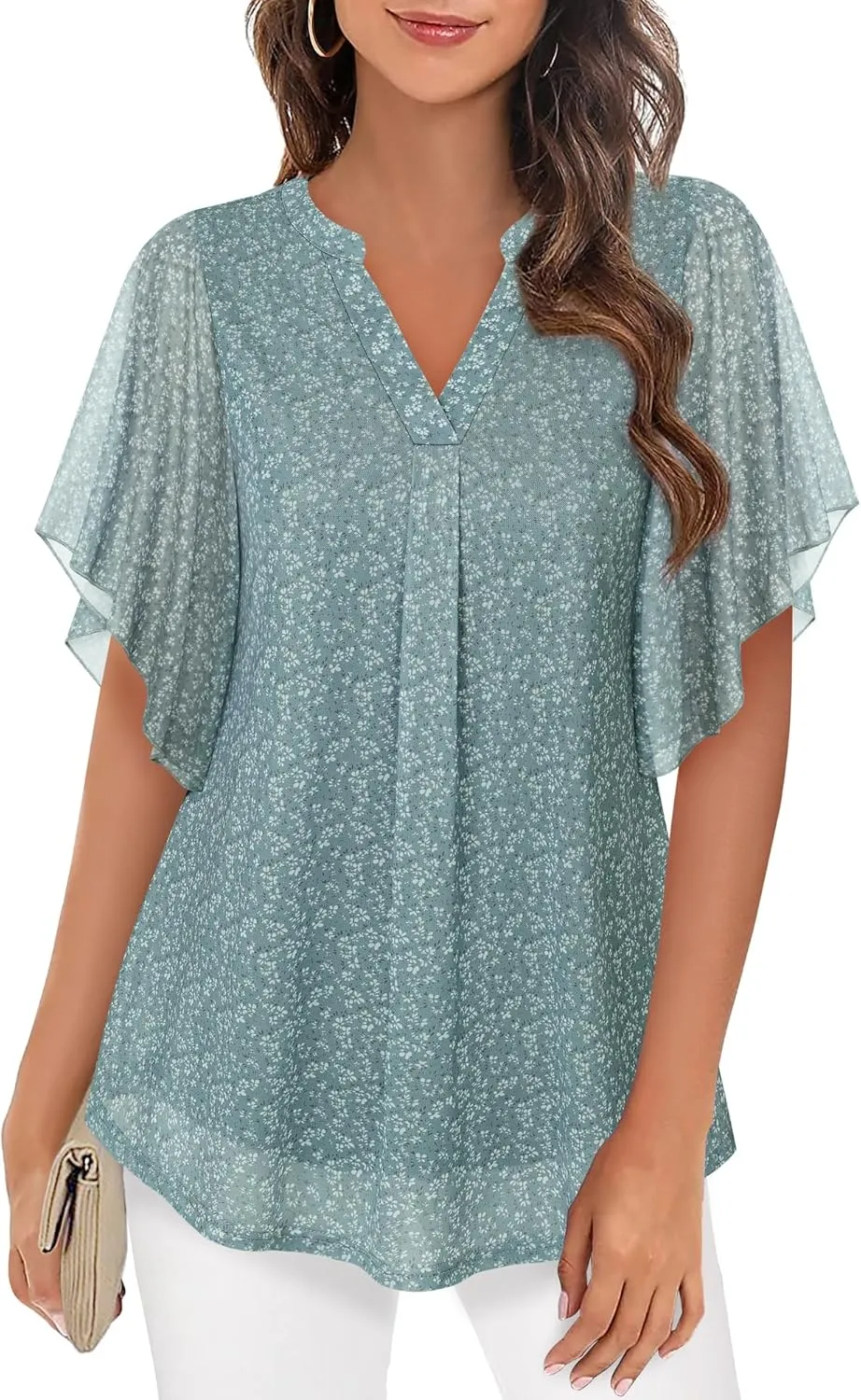 Timeson Women's Short Sleeve V Neck Blouses Shirts Floral Double Layers Mesh Tunics Tops