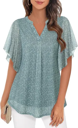Timeson Women's Short Sleeve V Neck Blouses Shirts Floral Double Layers Mesh Tunics Tops