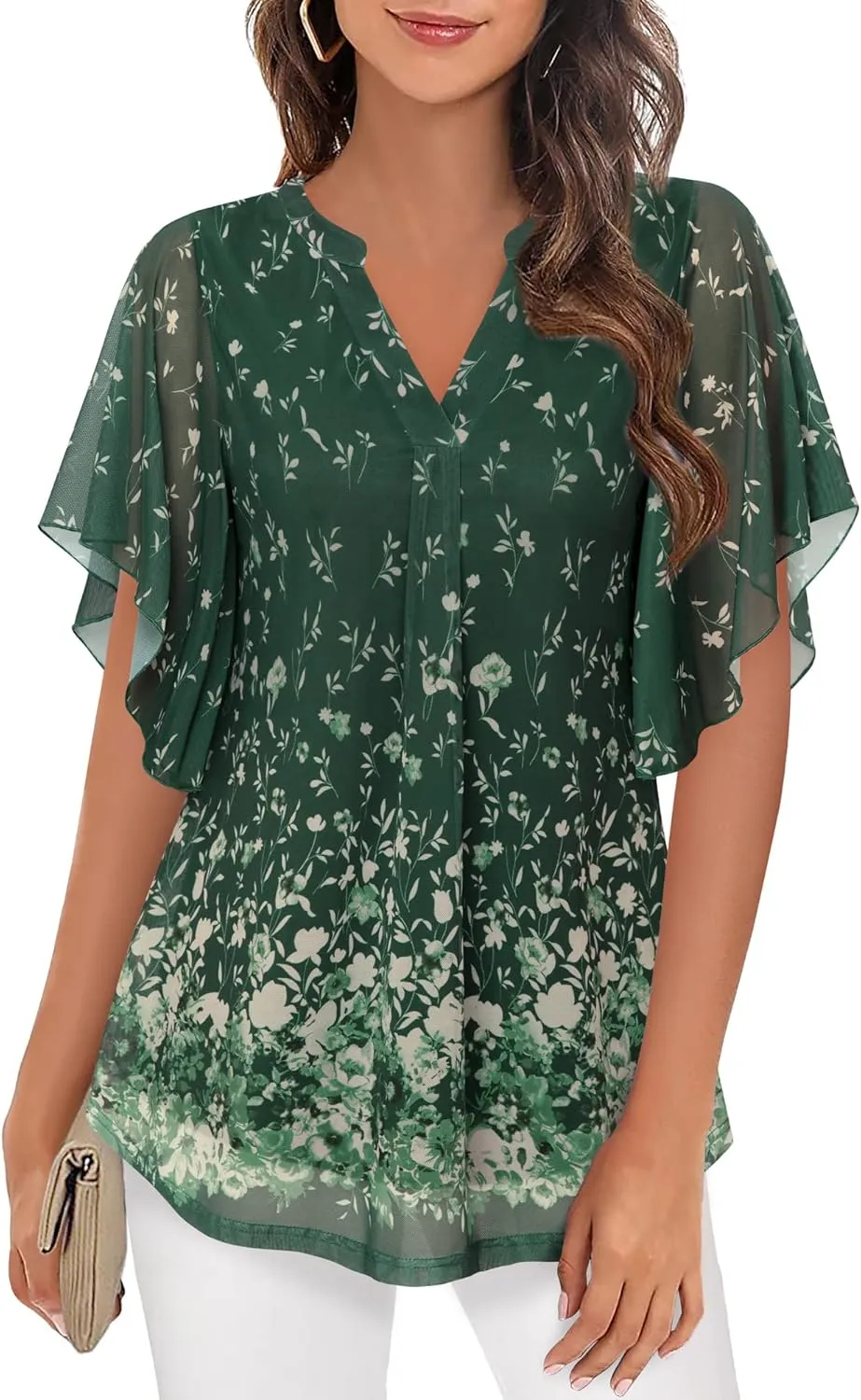Timeson Women's Short Sleeve V Neck Blouses Shirts Floral Double Layers Mesh Tunics Tops