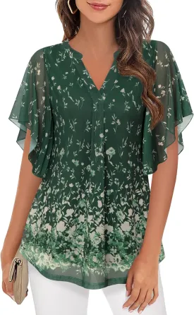 Timeson Women's Short Sleeve V Neck Blouses Shirts Floral Double Layers Mesh Tunics Tops