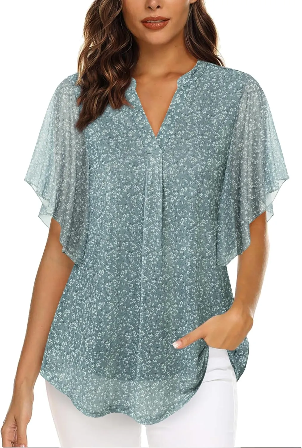 Timeson Women's Short Sleeve V Neck Blouses Shirts Floral Double Layers Mesh Tunics Tops