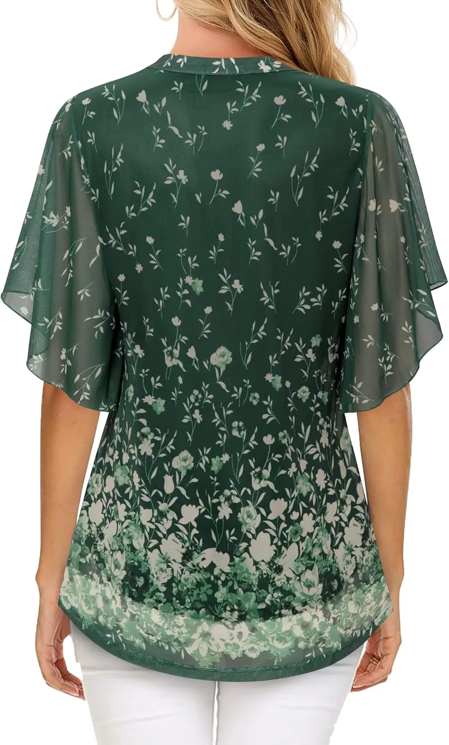 Timeson Women's Short Sleeve V Neck Blouses Shirts Floral Double Layers Mesh Tunics Tops