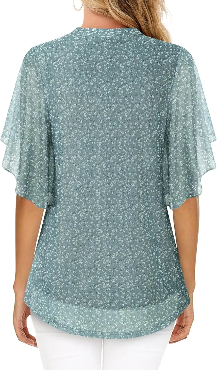 Timeson Women's Short Sleeve V Neck Blouses Shirts Floral Double Layers Mesh Tunics Tops
