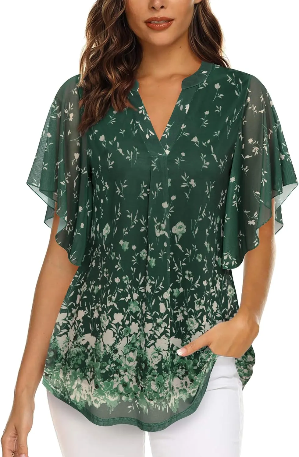Timeson Women's Short Sleeve V Neck Blouses Shirts Floral Double Layers Mesh Tunics Tops
