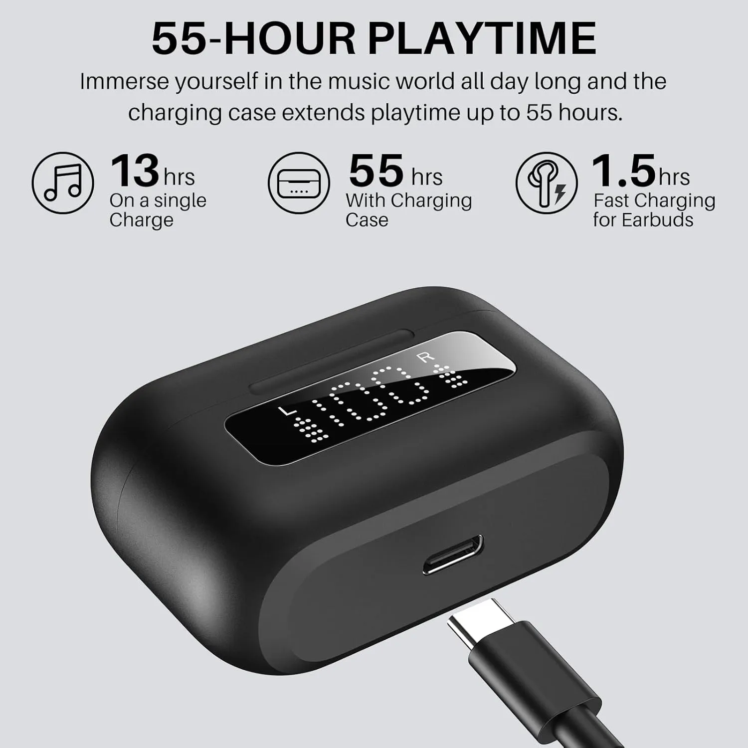 TOZO Hybrid Active Noise Cancelling Wireless Earbuds with 6 Mics AI Clear Call Ear Buds 55H Playtime with LED Display 32 Preset EQs via APP Bluetooth 5.3 IPX8 Waterproof in Ear Headphones