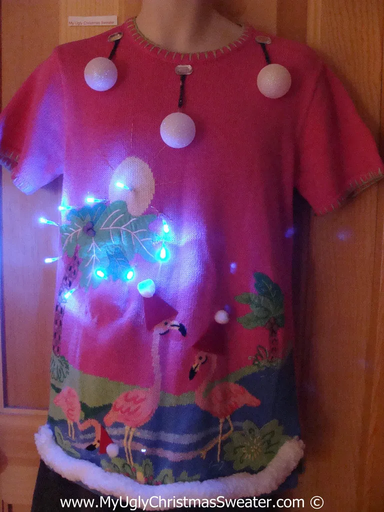 Tropical Themed 3D Ugly Christmas Sweater with Lights Flamingos Palm Trees(t3)