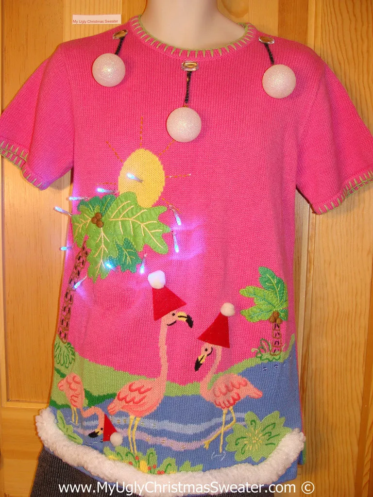 Tropical Themed 3D Ugly Christmas Sweater with Lights Flamingos Palm Trees(t3)