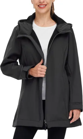wantdo Women Softshell Jacket Fleece Lined Hooded Rain Coat Waterproof Windproof Windbreaker Jacket Lightweight Long Coat