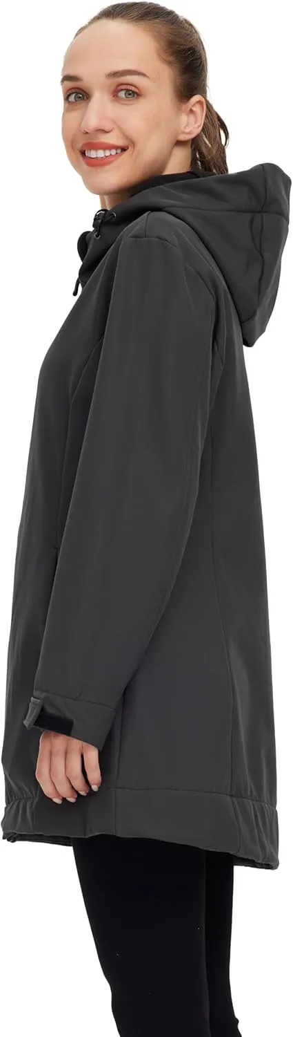 wantdo Women Softshell Jacket Fleece Lined Hooded Rain Coat Waterproof Windproof Windbreaker Jacket Lightweight Long Coat