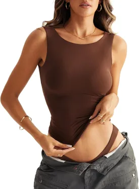 Women Sleeveless Boat Neck Tops Double Lined Backless Tank Tops Basic Fitted T Shirts 2025