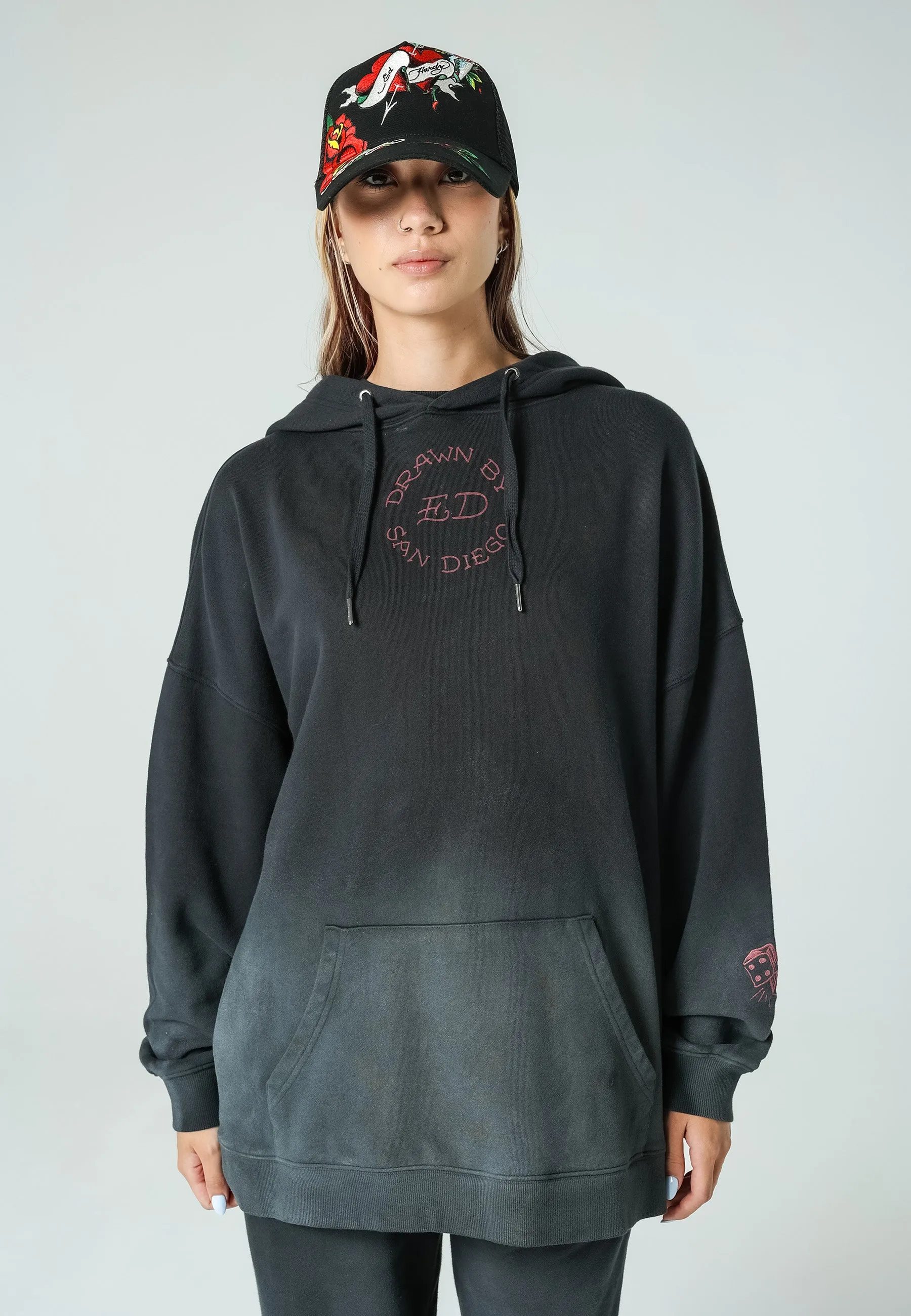 Womens Eagle-Skull Graphic Oversize Pouch Hoodie - Black