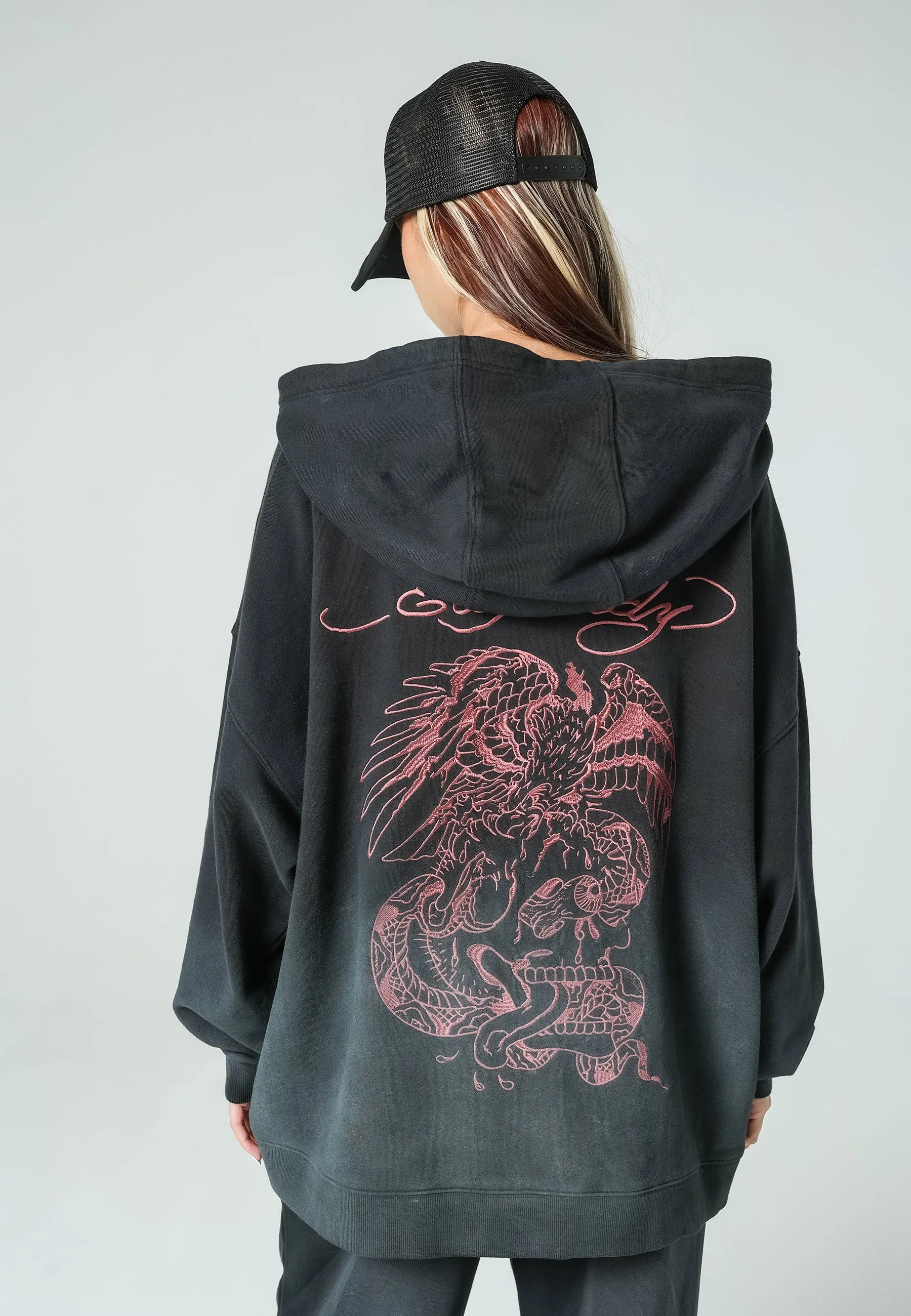 Womens Eagle-Skull Graphic Oversize Pouch Hoodie - Black