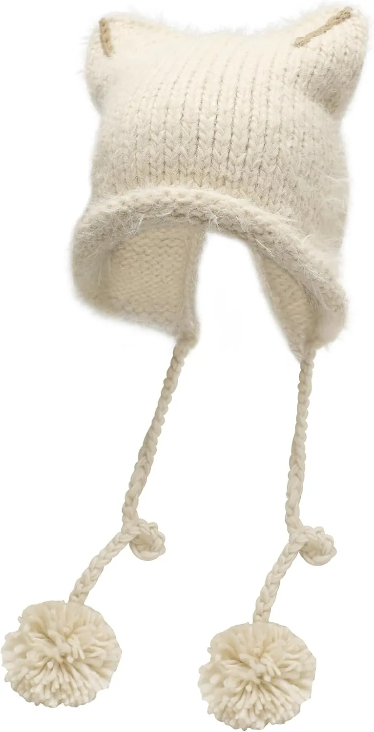 ZLYC Women Crochet Hat Knit Cat Ear Slouchy Beanie Cute Vintage Grunge Fuzzy Hat